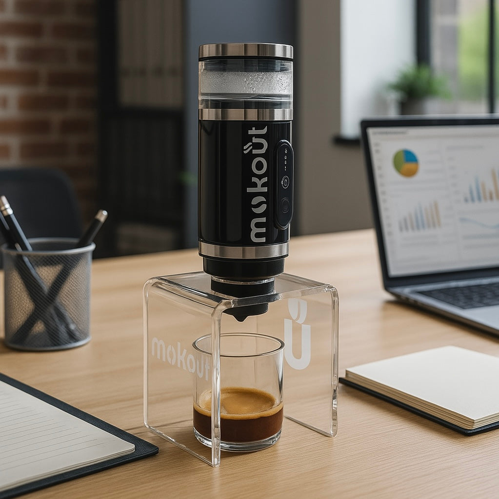 Mokout | macchina per caffè espresso portatile 4 in 1 con montalatte + supporto in Plex
