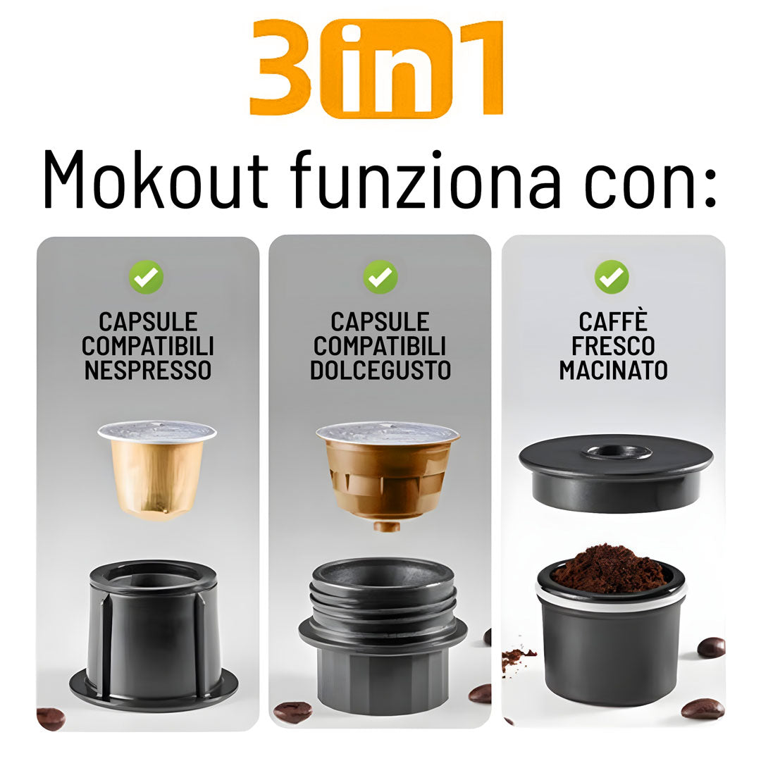 Mokout | macchina per caffè espresso portatile con monta-latte elettrico 4 in 1