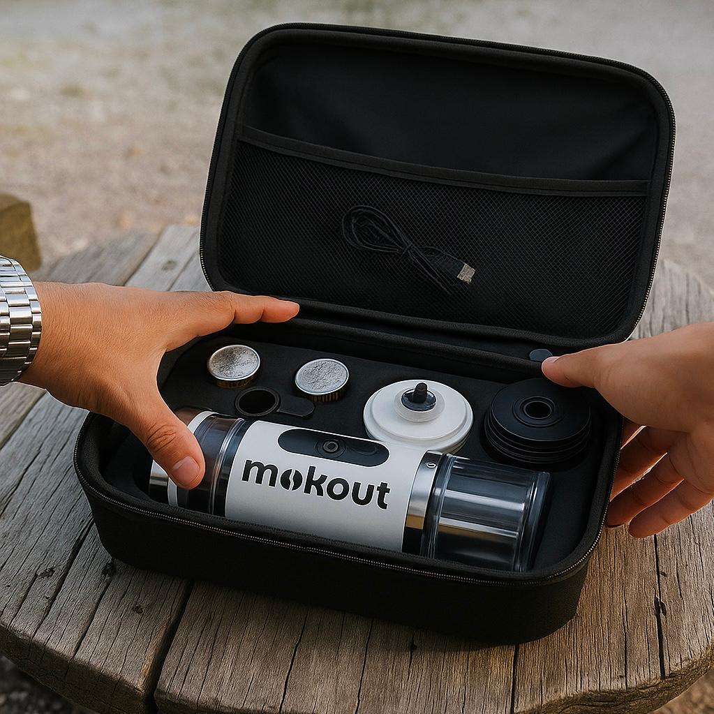 Mokout | macchina per caffè espresso portatile con monta-latte elettrico 4 in 1