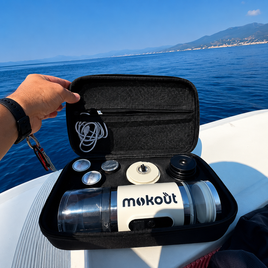 Mokout | macchina per caffè espresso portatile 4 in 1 con montalatte + supporto in Plex + Borsetta da viaggio