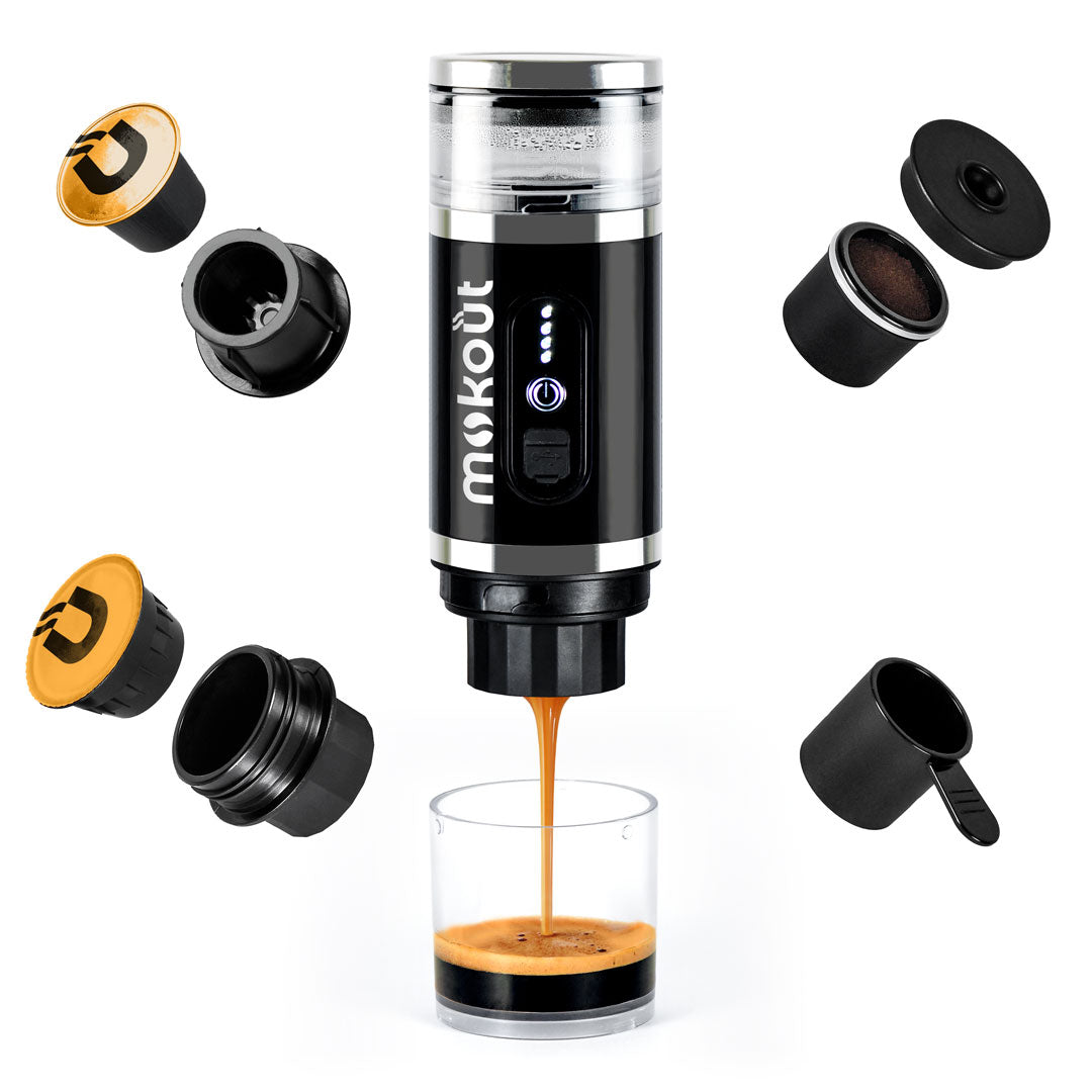 Mokout | macchina per caffè espresso portatile con monta-latte elettrico 4 in 1