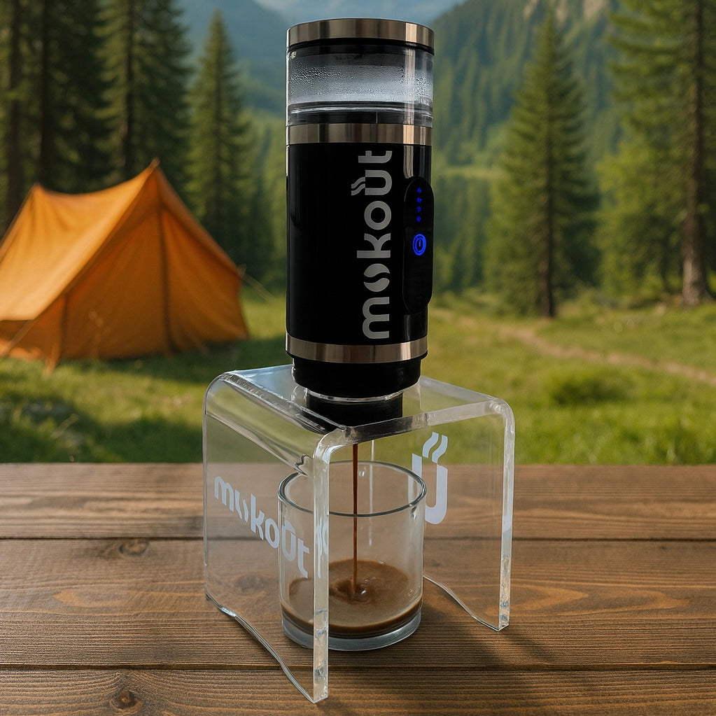 Mokout | macchina per caffè espresso portatile 4 in 1 con montalatte + supporto in Plex + Borsetta da viaggio